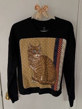 Western 90s style kitty cat portrait crewneck black sweatshirt, oversized medium